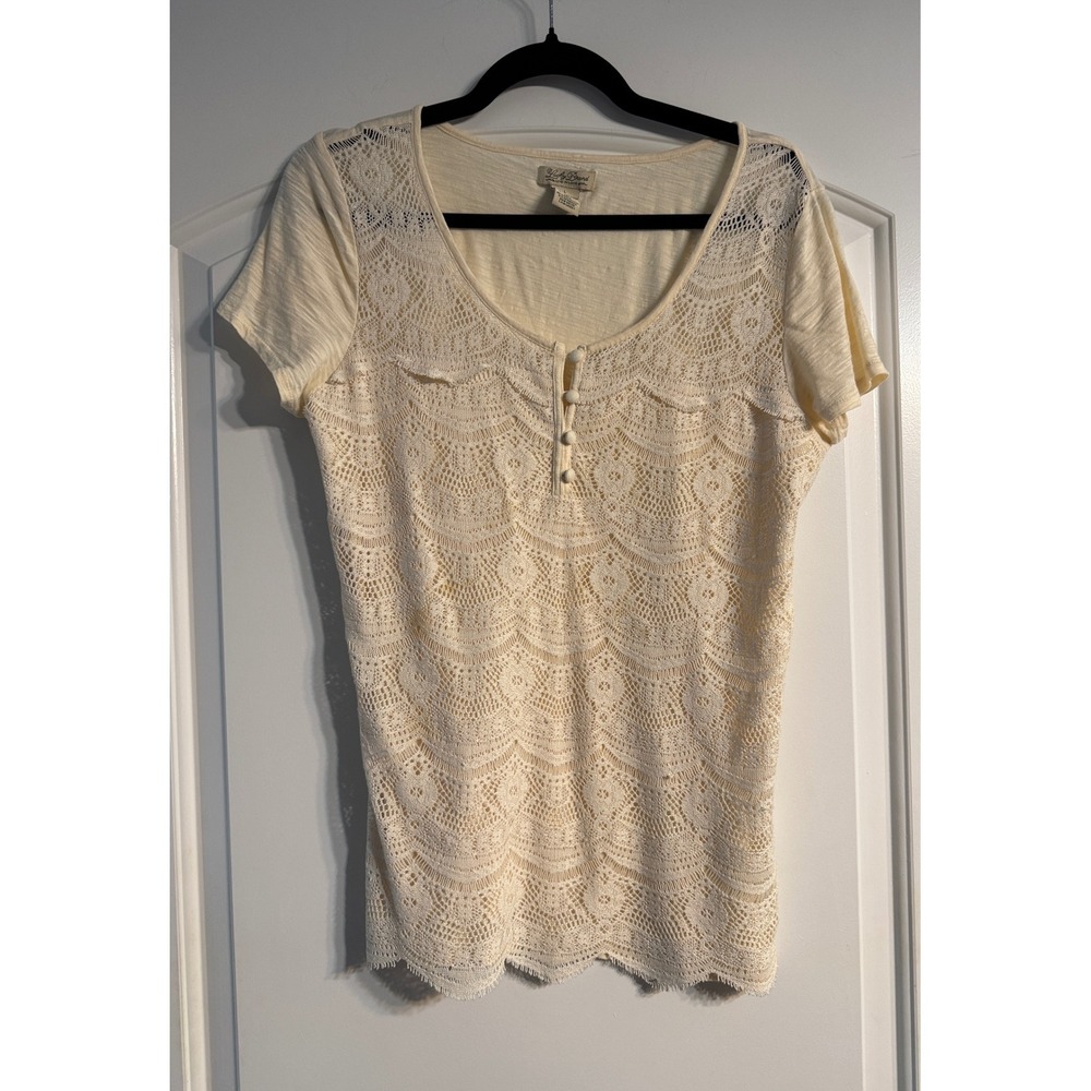 Lucky Brand Lace Front‎ Top Women Large Cream Boho Henley Romantic Casual